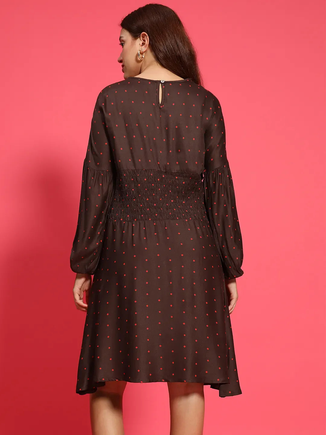 Big Brown Dot Print Round Neck Long Sleeve Smocked Knee Length Women Dress