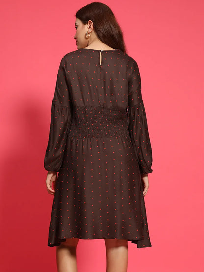 Big Brown Dot Print Round Neck Long Sleeve Smocked Knee Length Women Dress