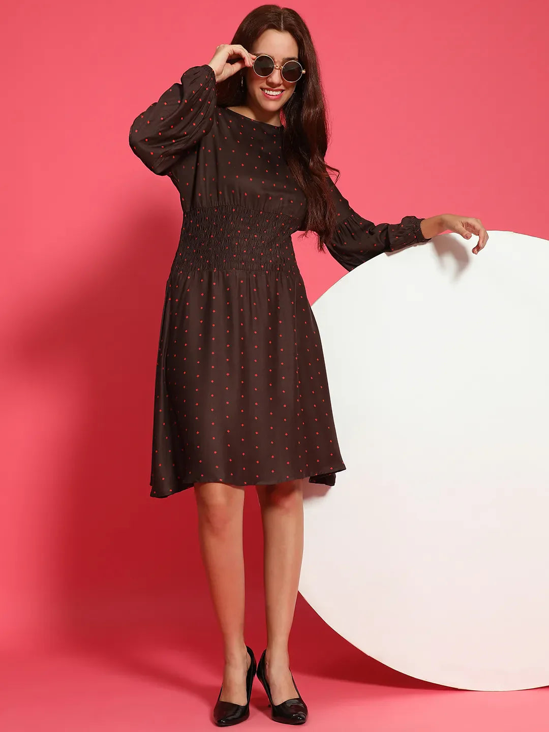 Big Brown Dot Print Round Neck Long Sleeve Smocked Knee Length Women Dress