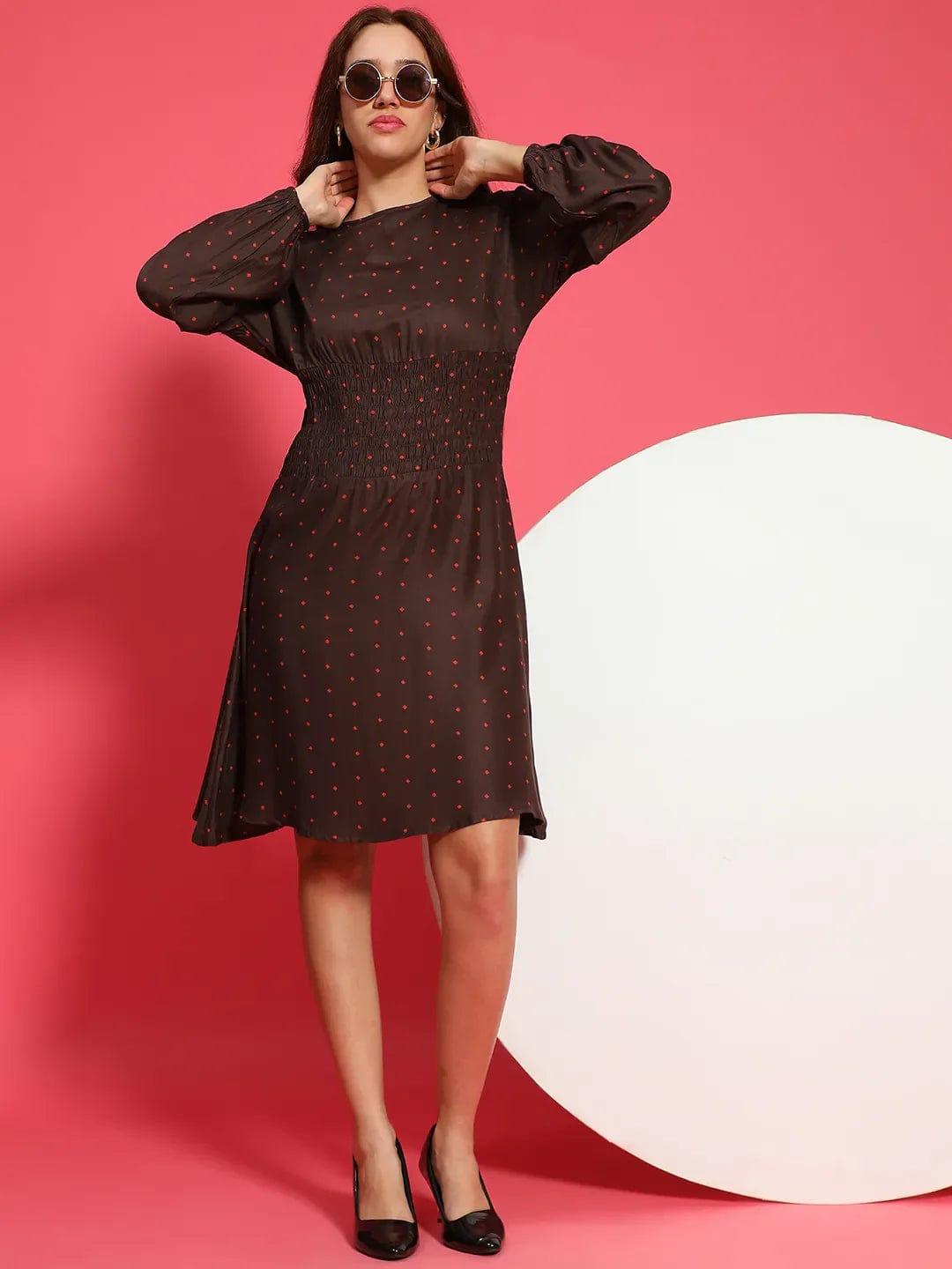 Big Brown Dot Print Round Neck Long Sleeve Smocked Knee Length Women Dress