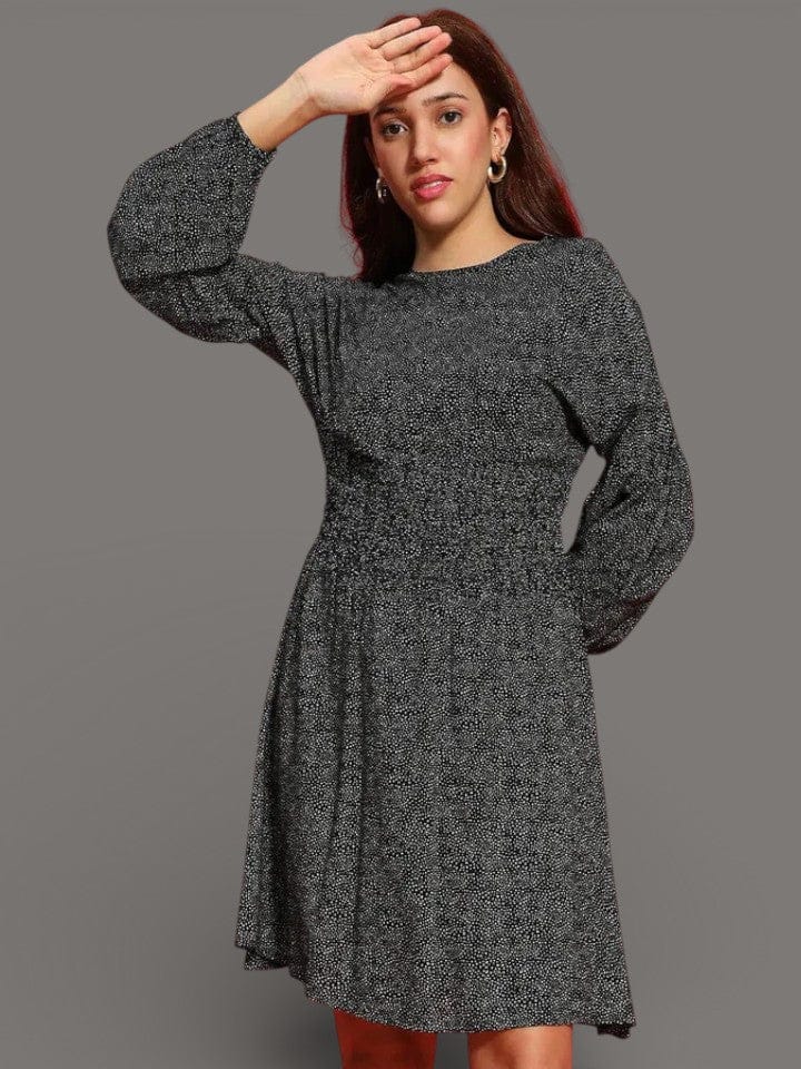 Black Floral Dress - Women's Knee Length Smocked Waist Round Neck Dress