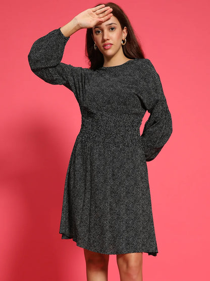 Hey Black Floral  Print Round Neck Long Sleeve Smocked Knee Length Women Dress