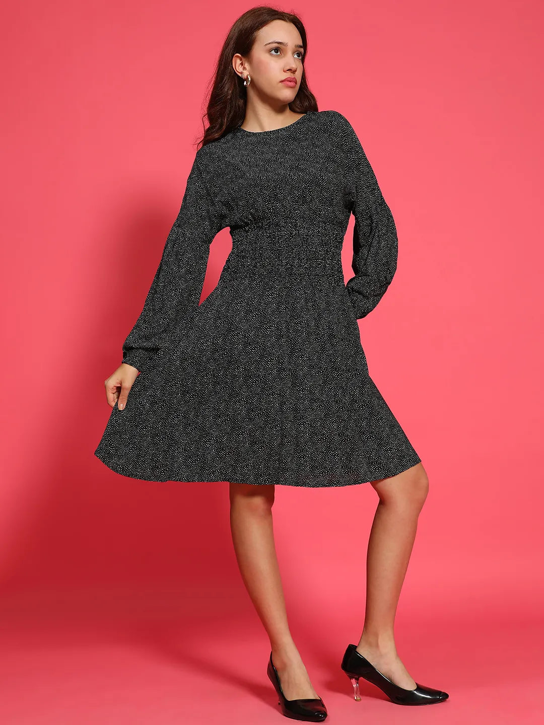 Hey Black Floral  Print Round Neck Long Sleeve Smocked Knee Length Women Dress