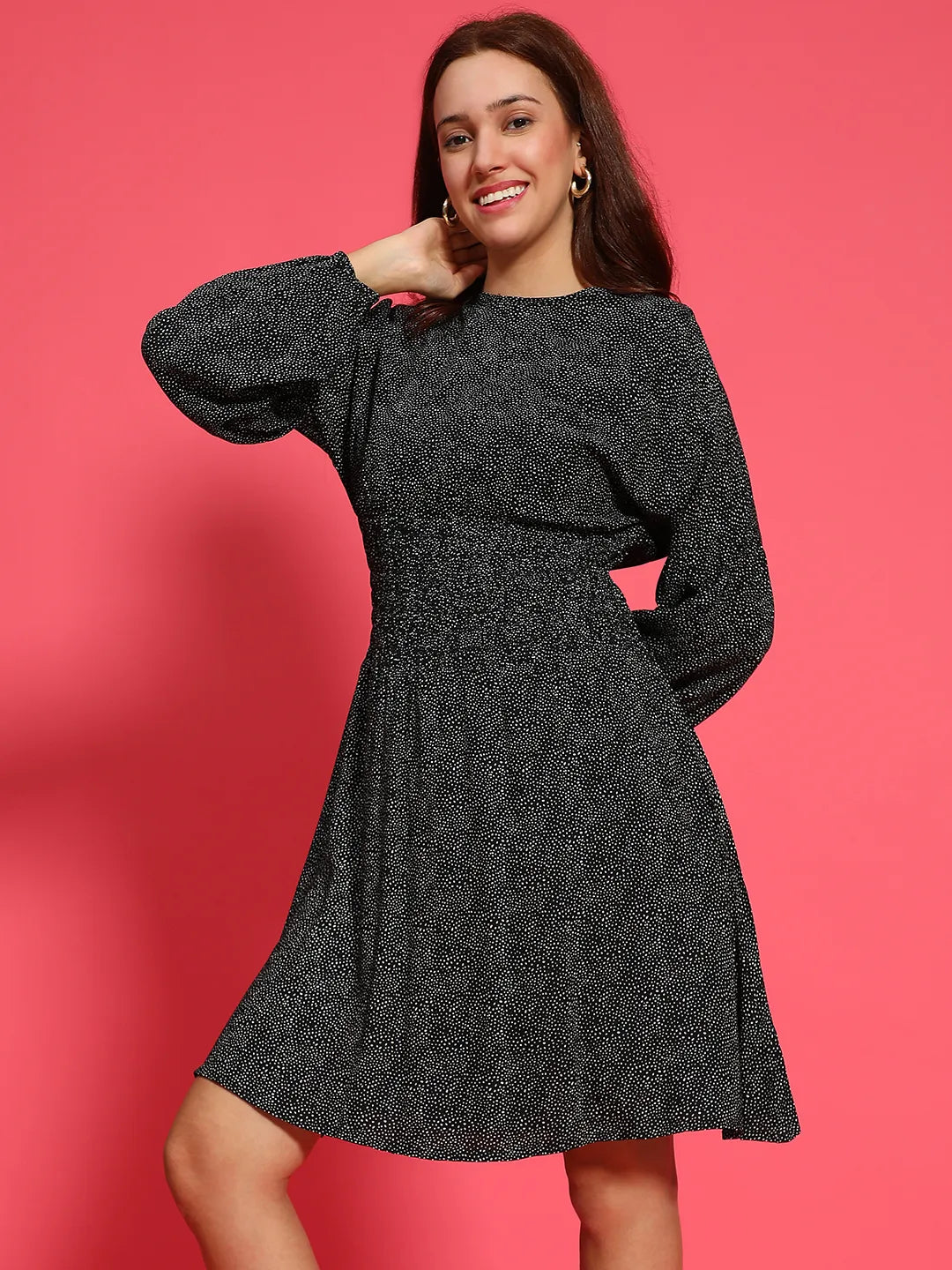 Hey Black Floral  Print Round Neck Long Sleeve Smocked Knee Length Women Dress