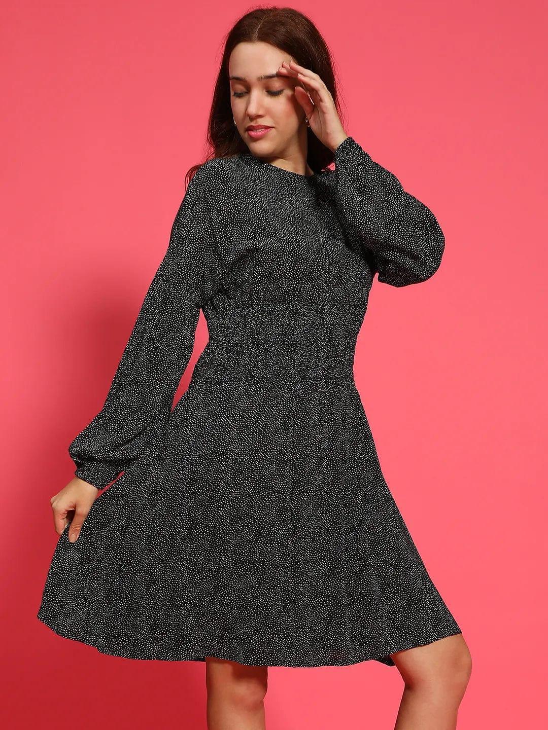 Hey Black Floral Print Round Neck Long Sleeve Smocked Knee Length Women Dress - oxolloxo