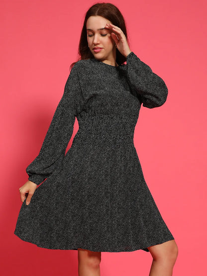 Hey Black Floral  Print Round Neck Long Sleeve Smocked Knee Length Women Dress