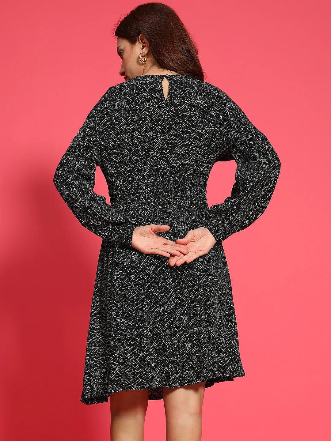 Hey Black Floral Print Round Neck Long Sleeve Smocked Knee Length Women Dress - oxolloxo