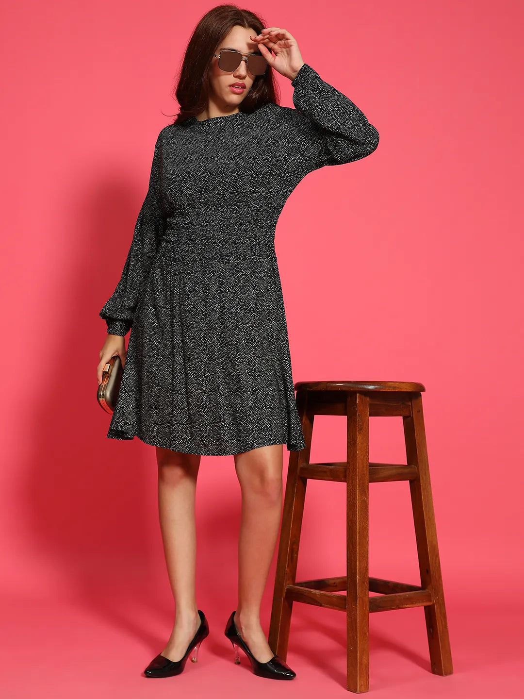 Hey Black Floral  Print Round Neck Long Sleeve Smocked Knee Length Women Dress