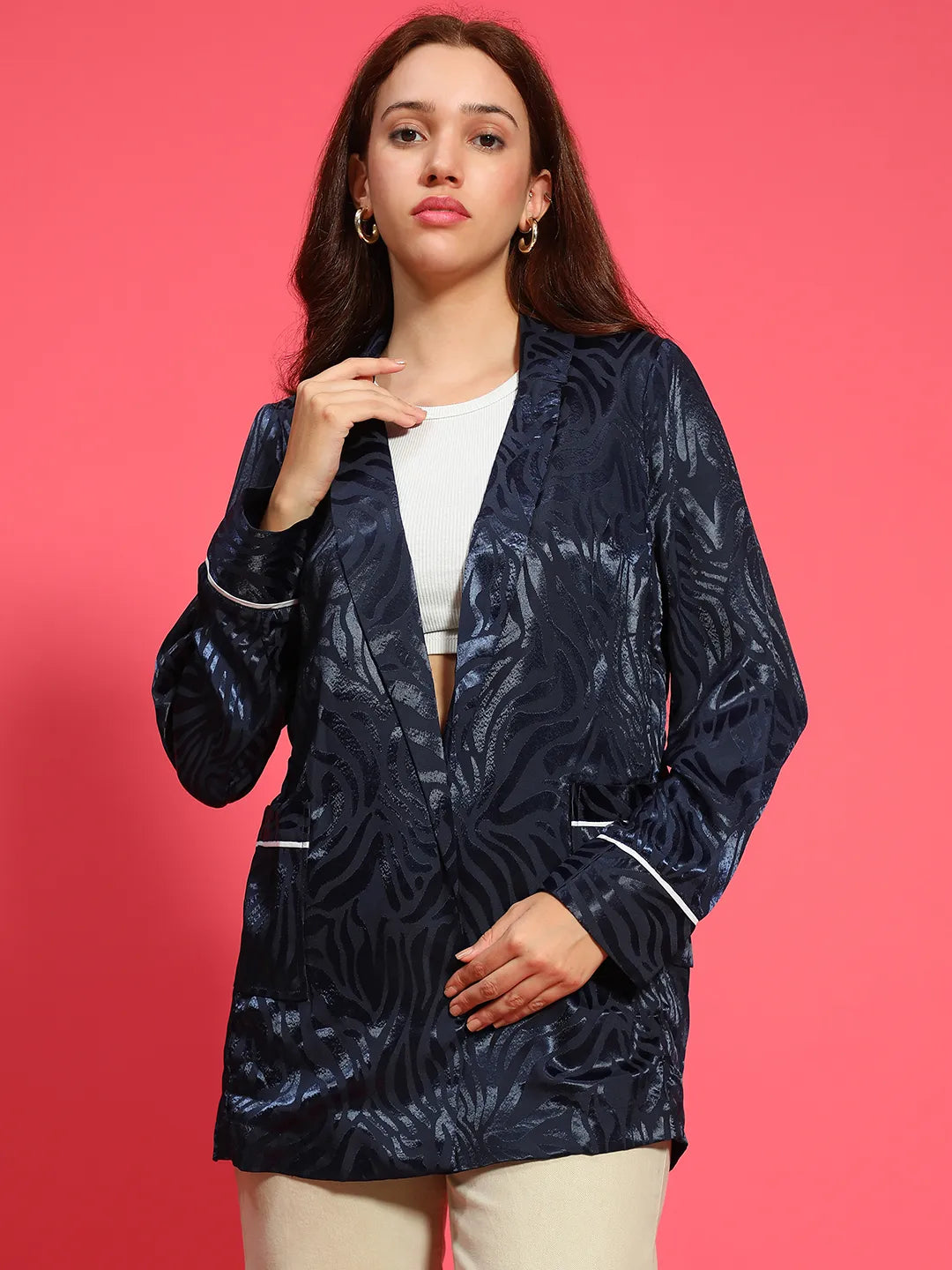 Fancy Navy Blue Printed Open Collar Long Sleeve Satin Jaquard Women Blazer