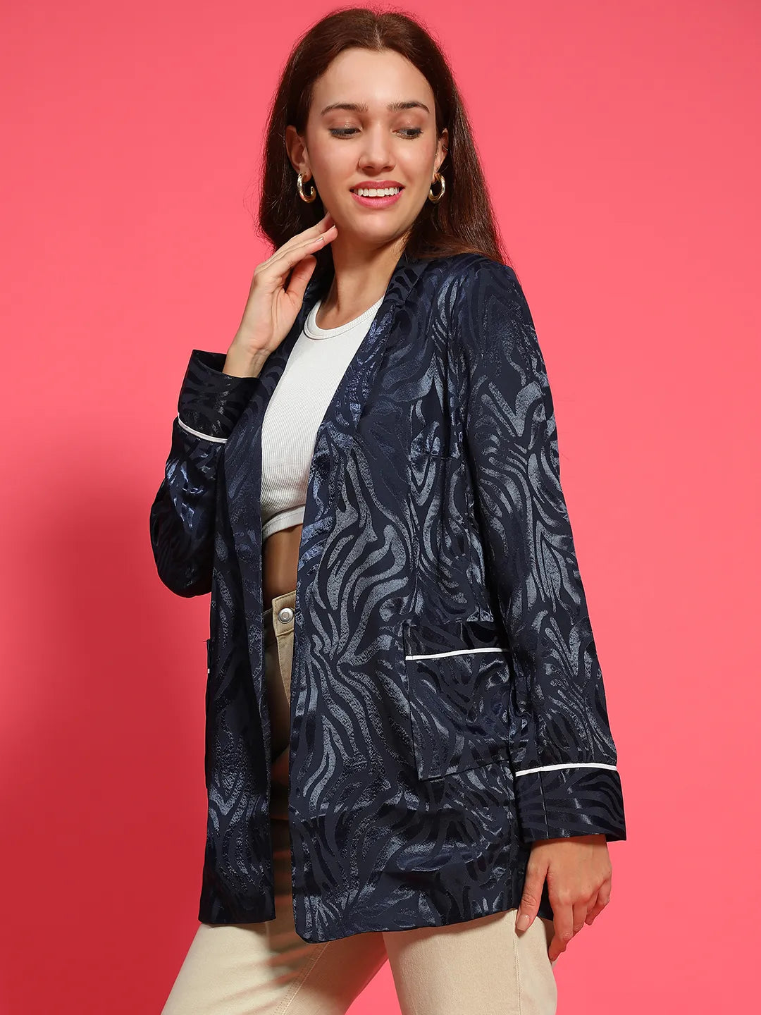 Fancy Navy Blue Printed Open Collar Long Sleeve Satin Jaquard Women Blazer