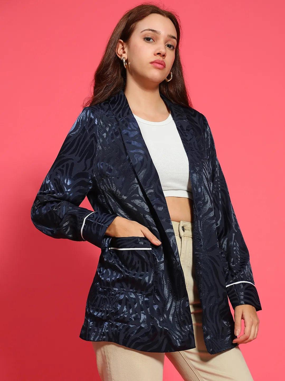 Fancy Navy Blue Printed Open Collar Long Sleeve Satin Jaquard Women Blazer