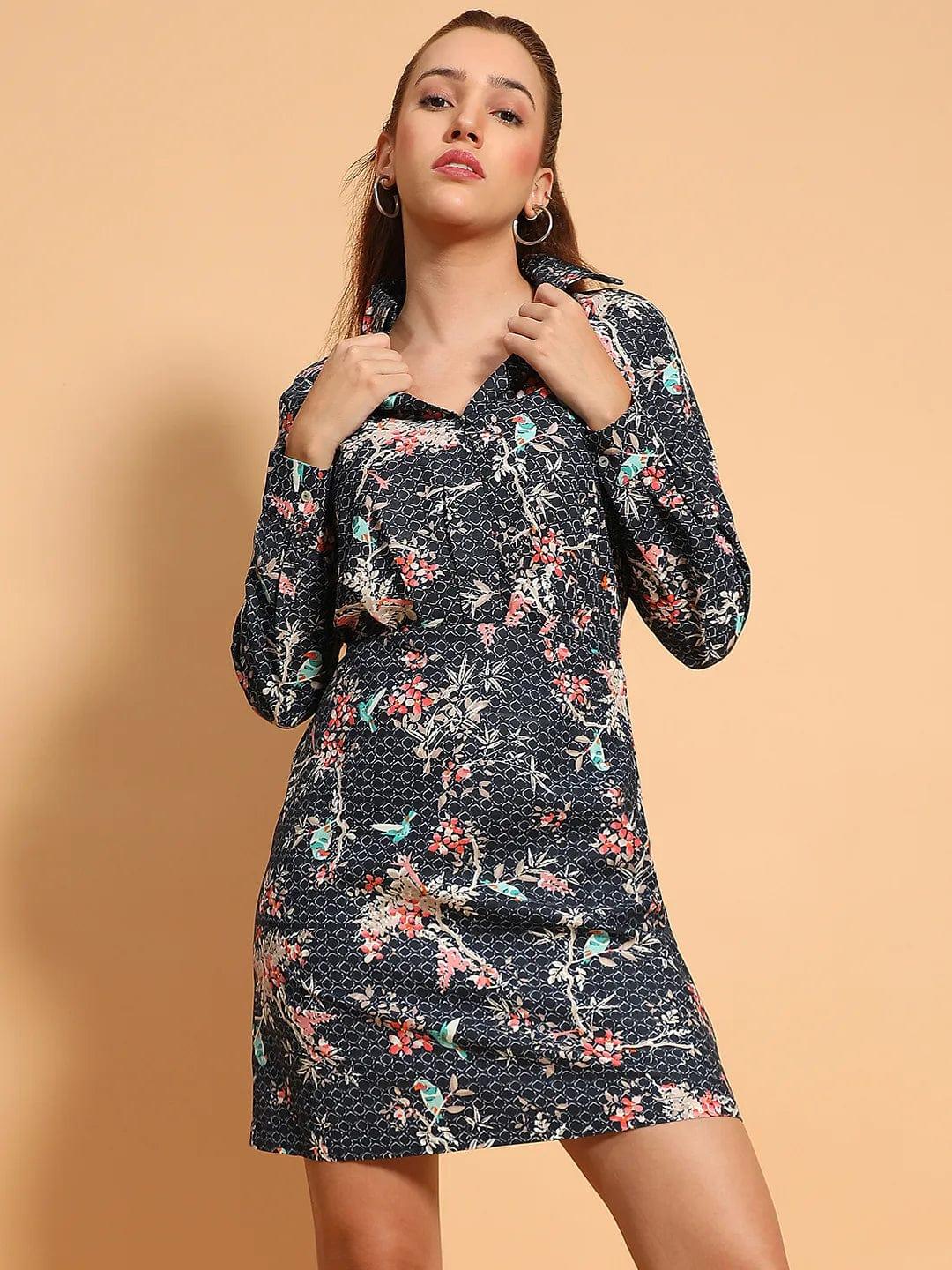 Right Navy Blue V Neck Long Sleeve Floral Print Knee LengthWomen Cotton Women Dress