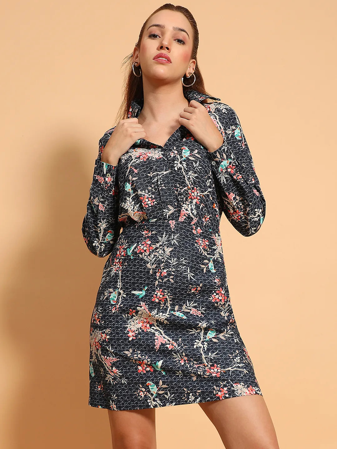 Right Navy Blue V Neck Long Sleeve Floral Print Knee LengthWomen  Cotton Dress