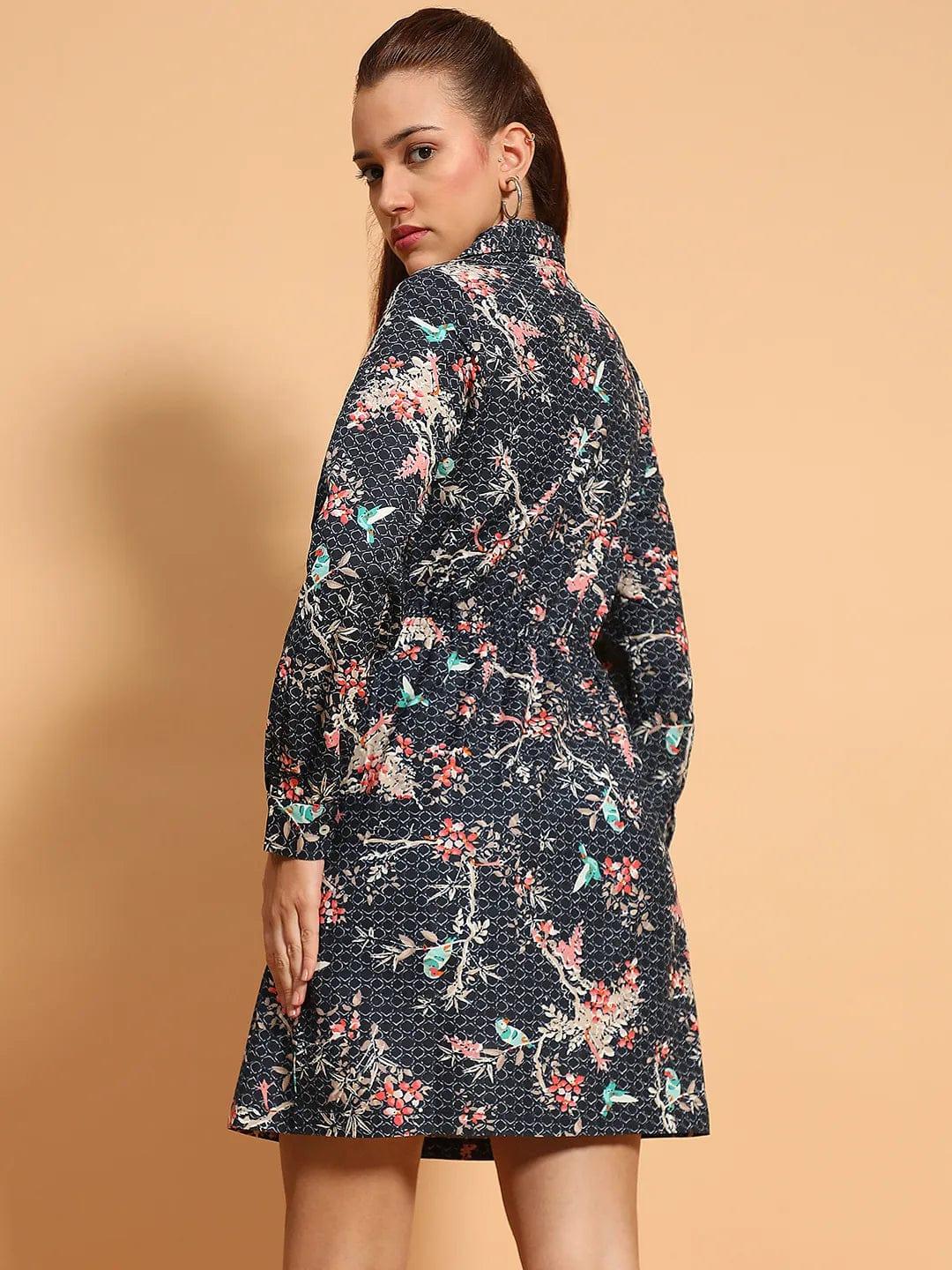 Right Navy Blue V Neck Long Sleeve Floral Print Knee LengthWomen Cotton Women Dress