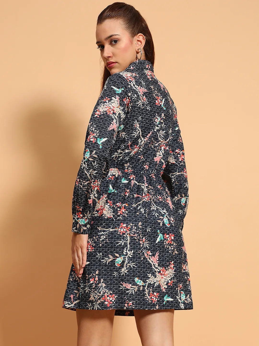 Right Navy Blue V Neck Long Sleeve Floral Print Knee LengthWomen  Cotton Dress