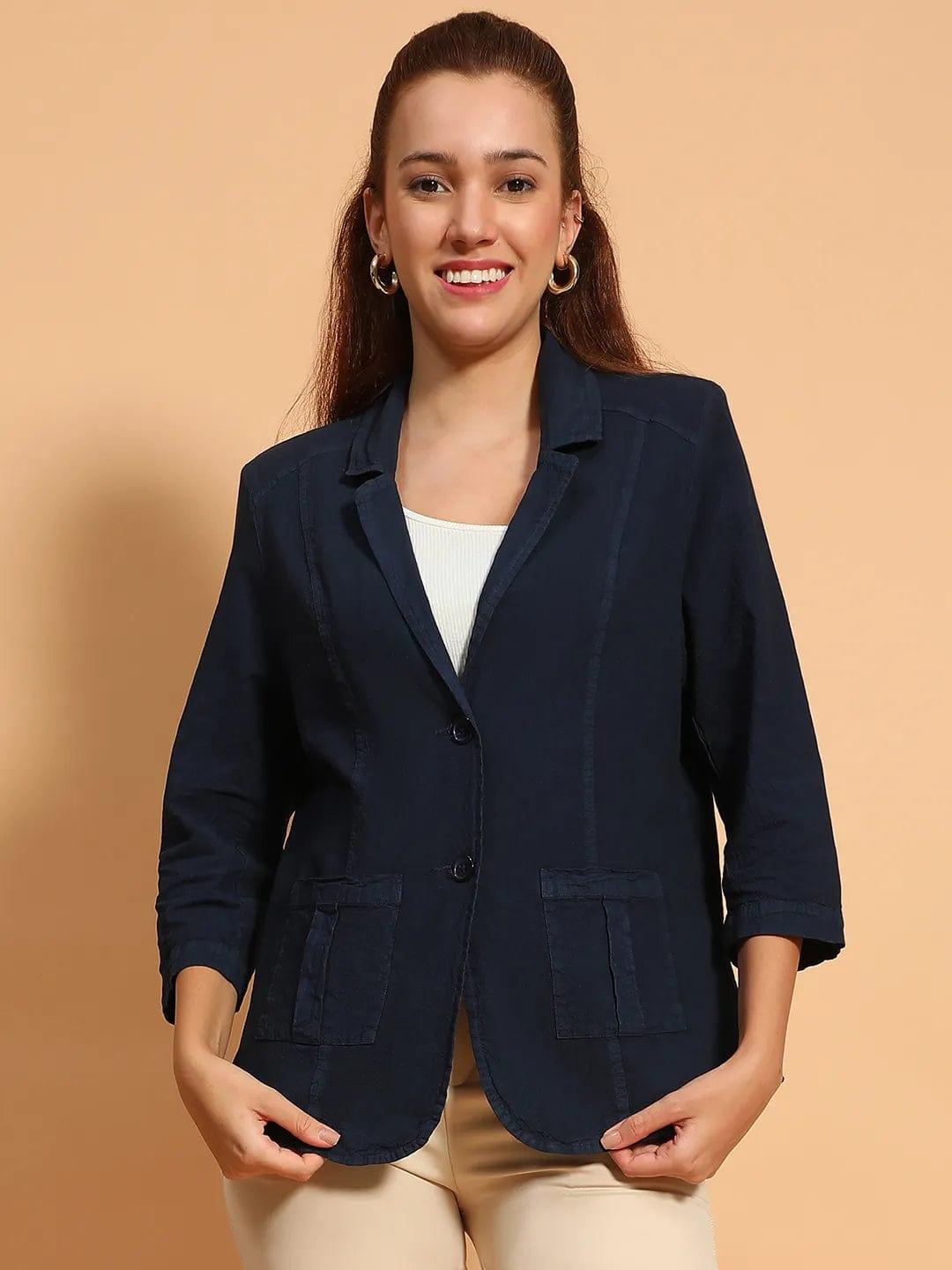 Formal Blue Open Collar 3/4 Sleeve Button Down Women Cotton Blazer