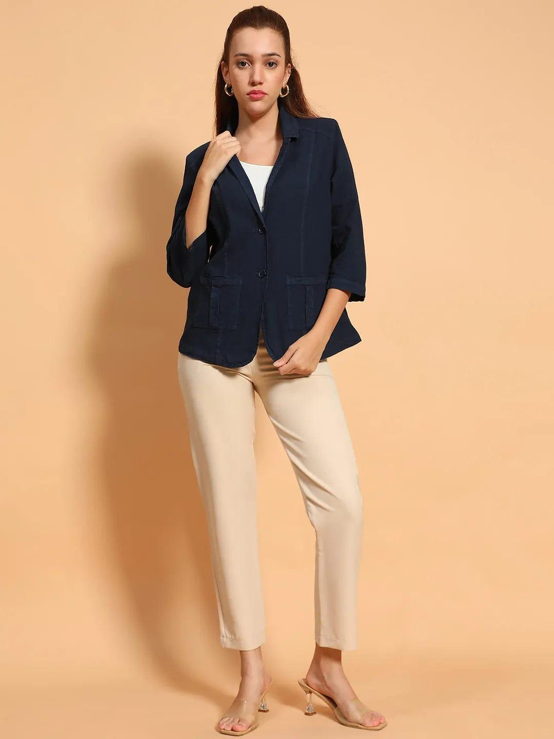 Formal Blue Open Collar 3/4 Sleeve Button Down Women Cotton Blazer