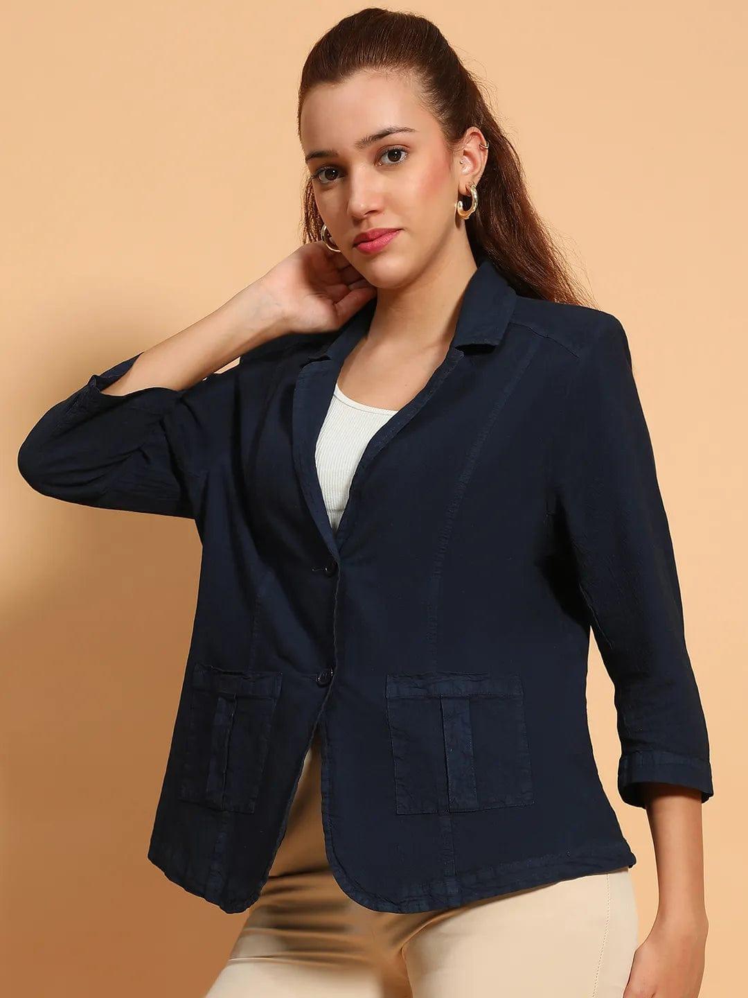 Formal Blue Open Collar 3/4 Sleeve Button Down Women Cotton Blazer