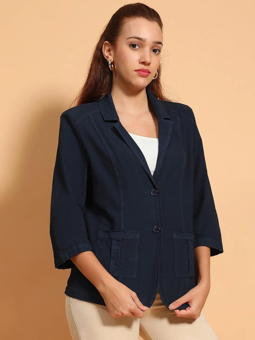 Formal Blue Open Collar 3/4 Sleeve Button Down Women Cotton Blazer