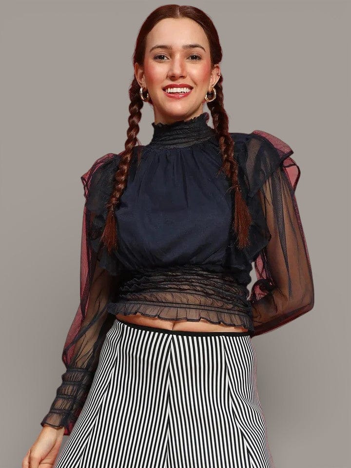 Sheer Partywear Top - Black Ruffle Detail Long Sleeve Elegant Blouse for Women