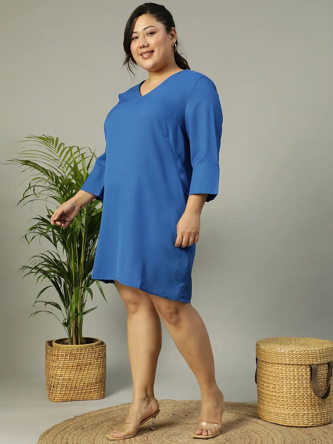 Classic Blue V-Neck Short Sleeve Plus Size Women Dress