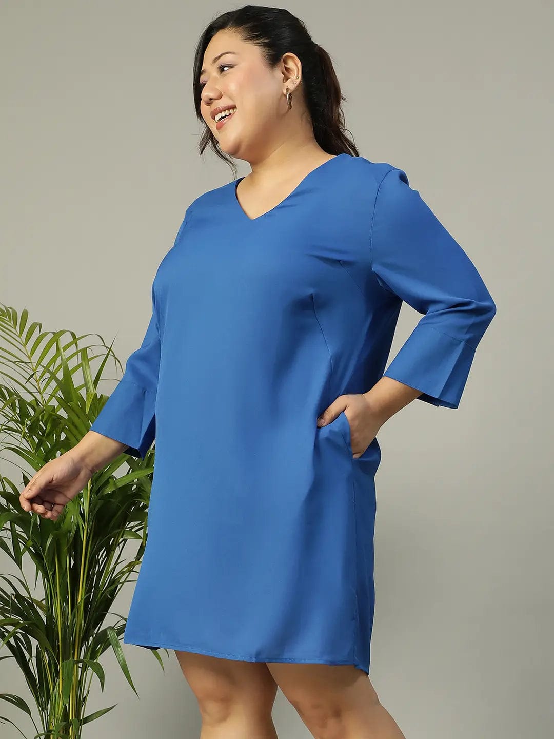 Classic Blue V-Neck Short Sleeve Plus Size Women Dress