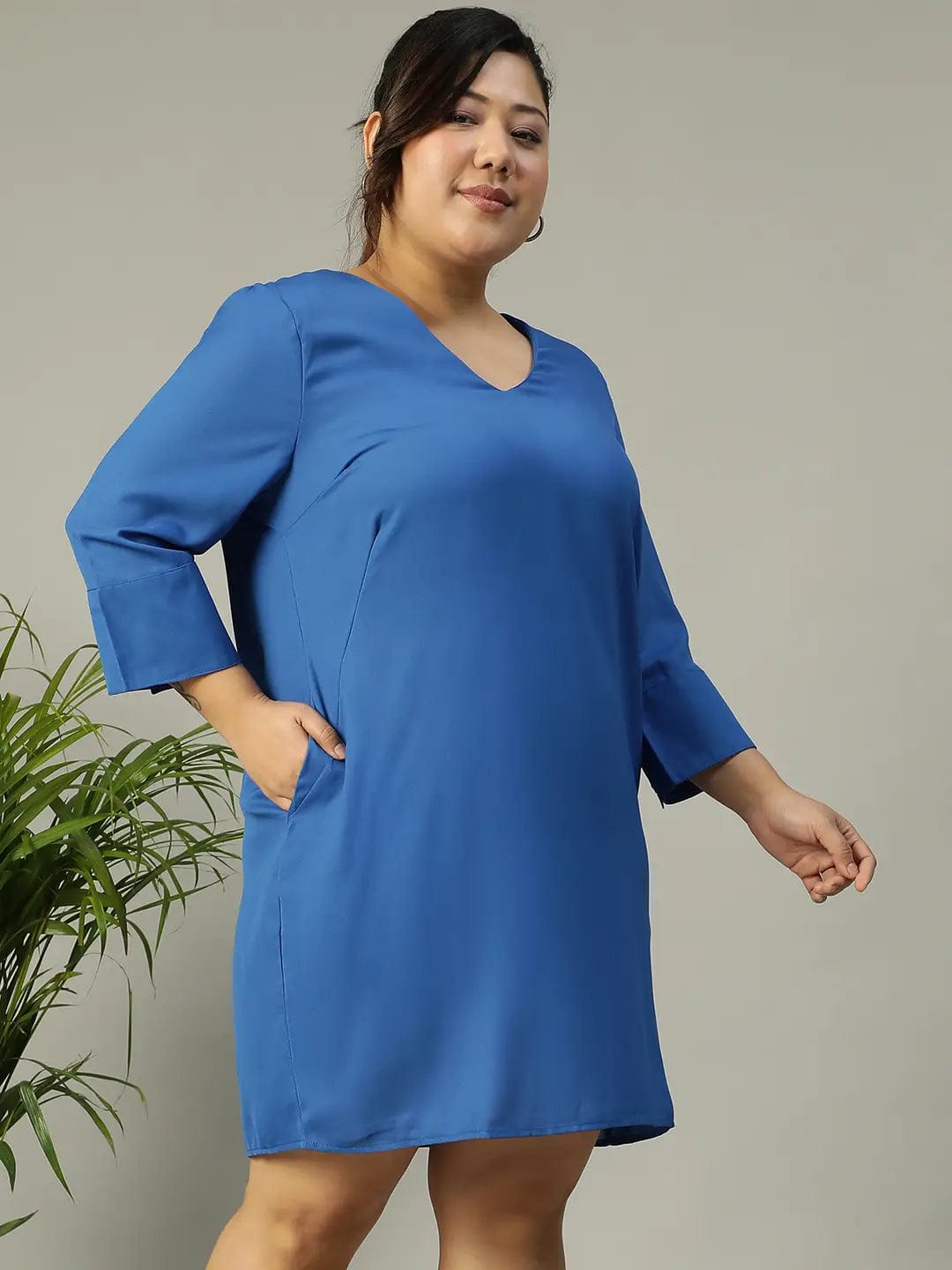 Classic Blue V-Neck Short Sleeve Plus Size Women Dress