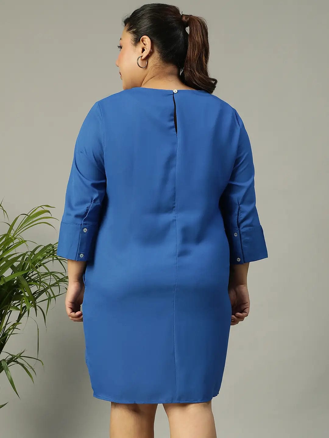 Classic Blue V-Neck Short Sleeve Plus Size Women Dress