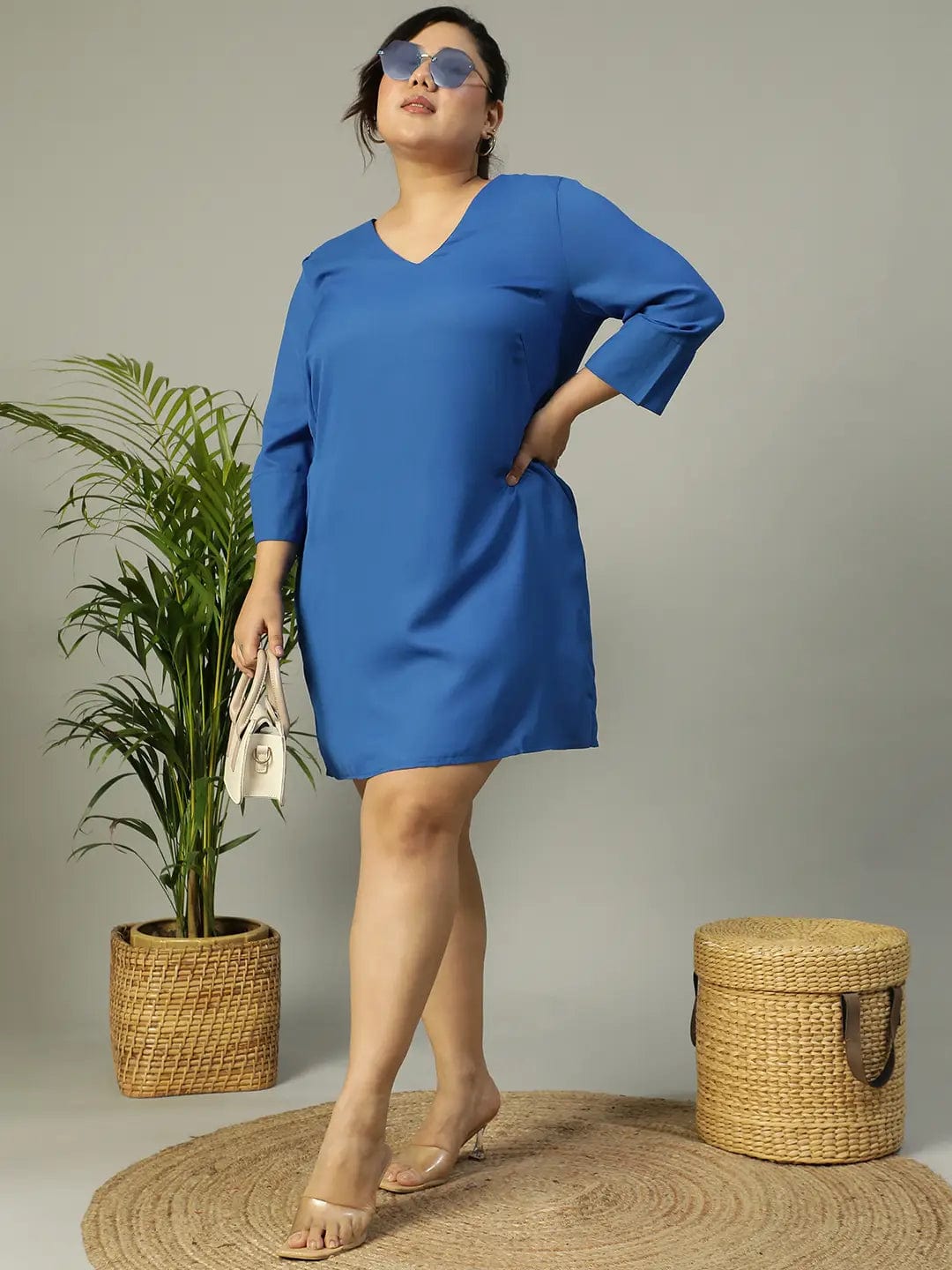 Classic Blue V-Neck Short Sleeve Plus Size Women Dress