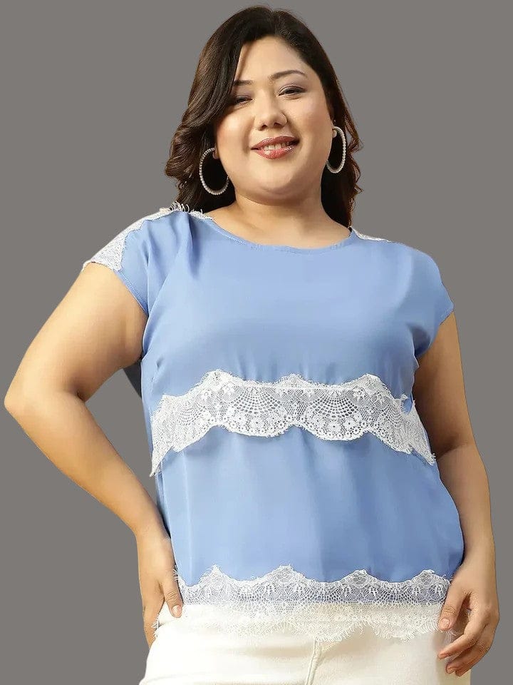 Plus Size Women Top - Blue Lace Detailed Short Sleeve Casual Polyester Shirt