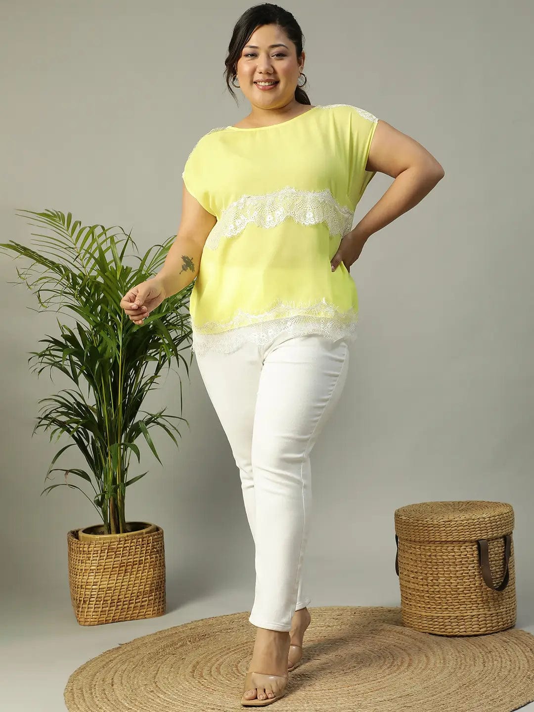 The Yellow Short Sleeve Lace Detailed Plus Size Women Top