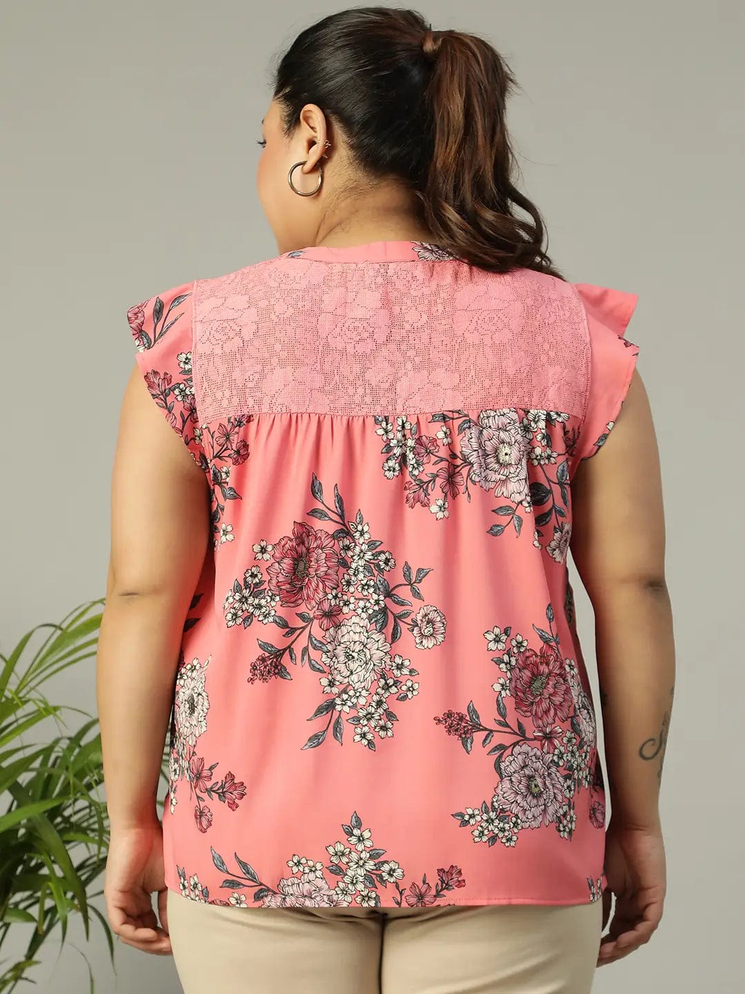 Pink Floral Print Short Sleeve Plus Size Women Top