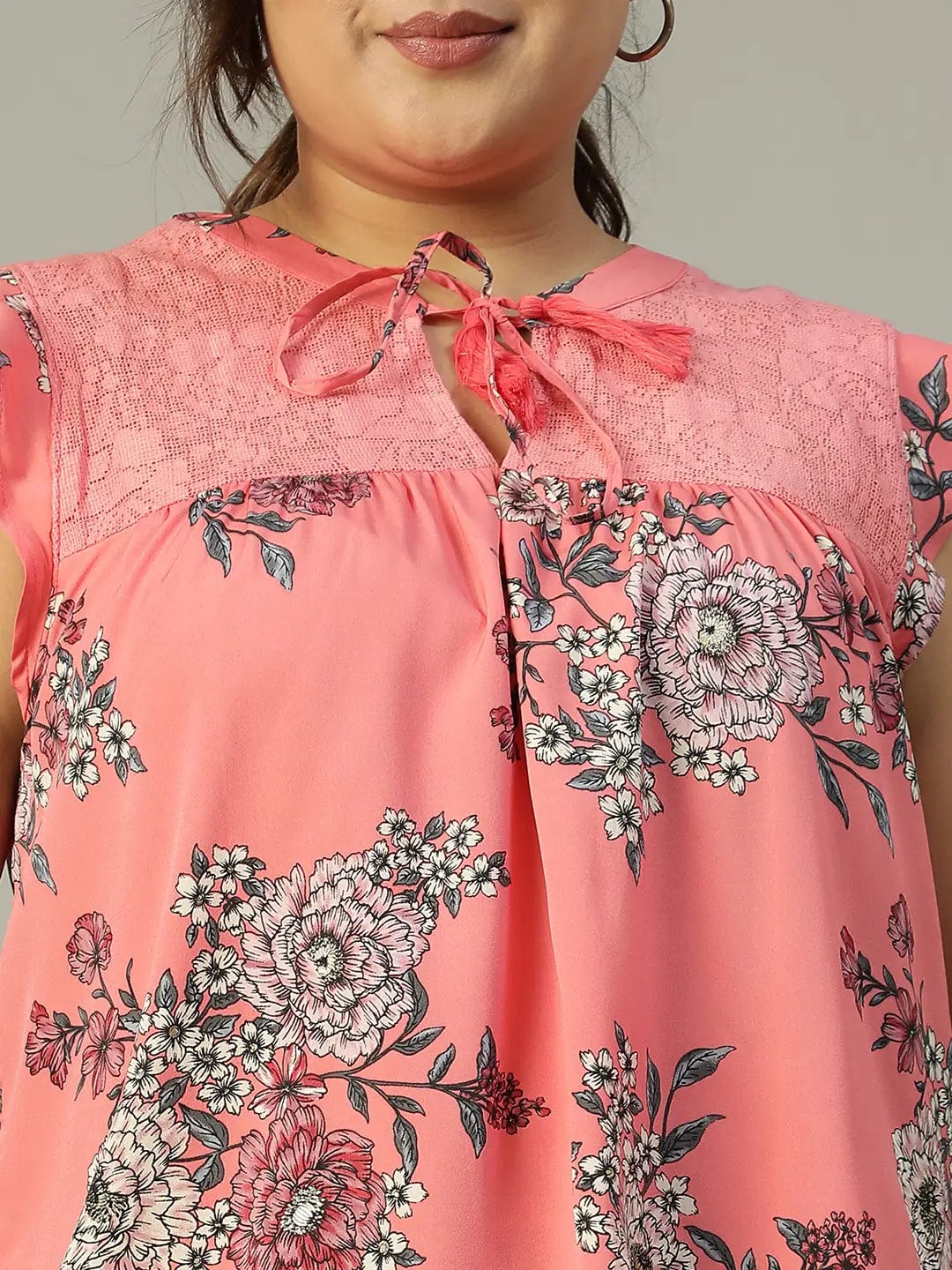 Pink Floral Print Short Sleeve Plus Size Women Top