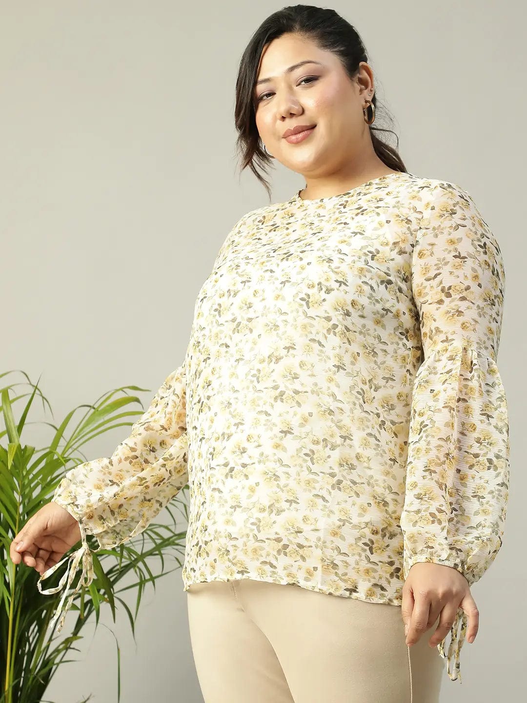 Multicolor Floral chiffon Print Long Sleeve Plus Size Women Top