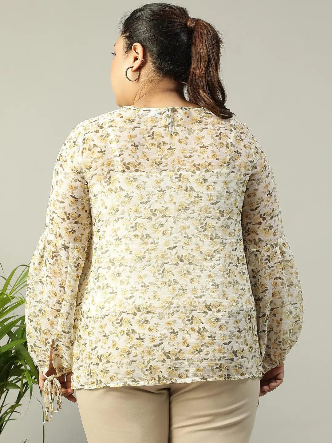 Multicolor Floral chiffon Print Long Sleeve Plus Size Women Top