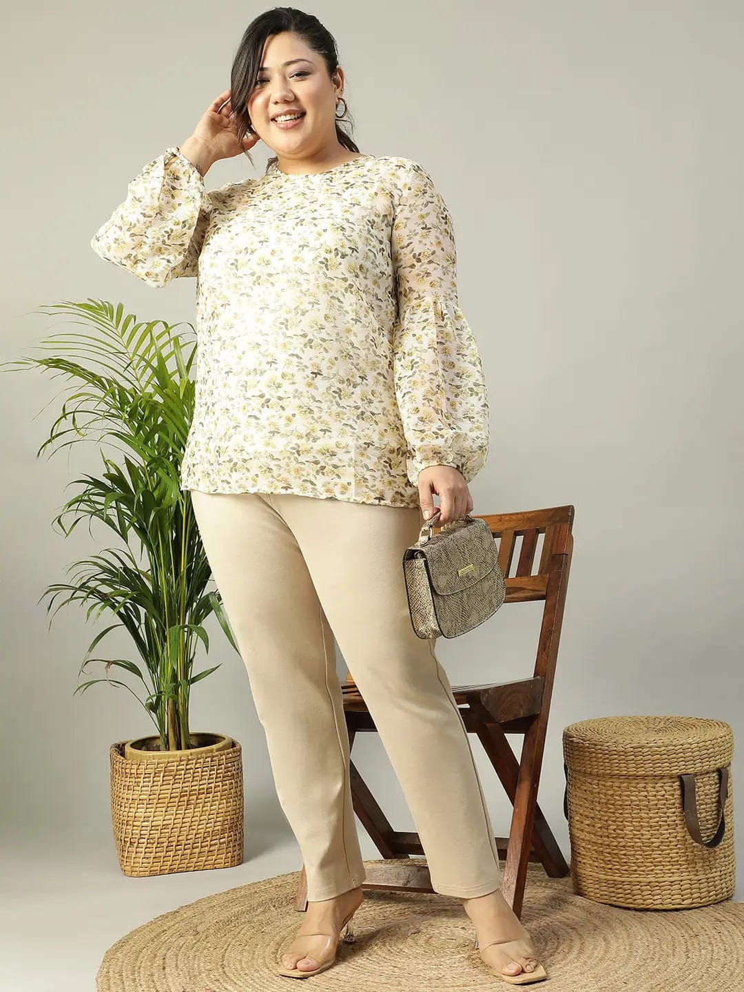 Multicolor Floral chiffon Print Long Sleeve Plus Size Women Top