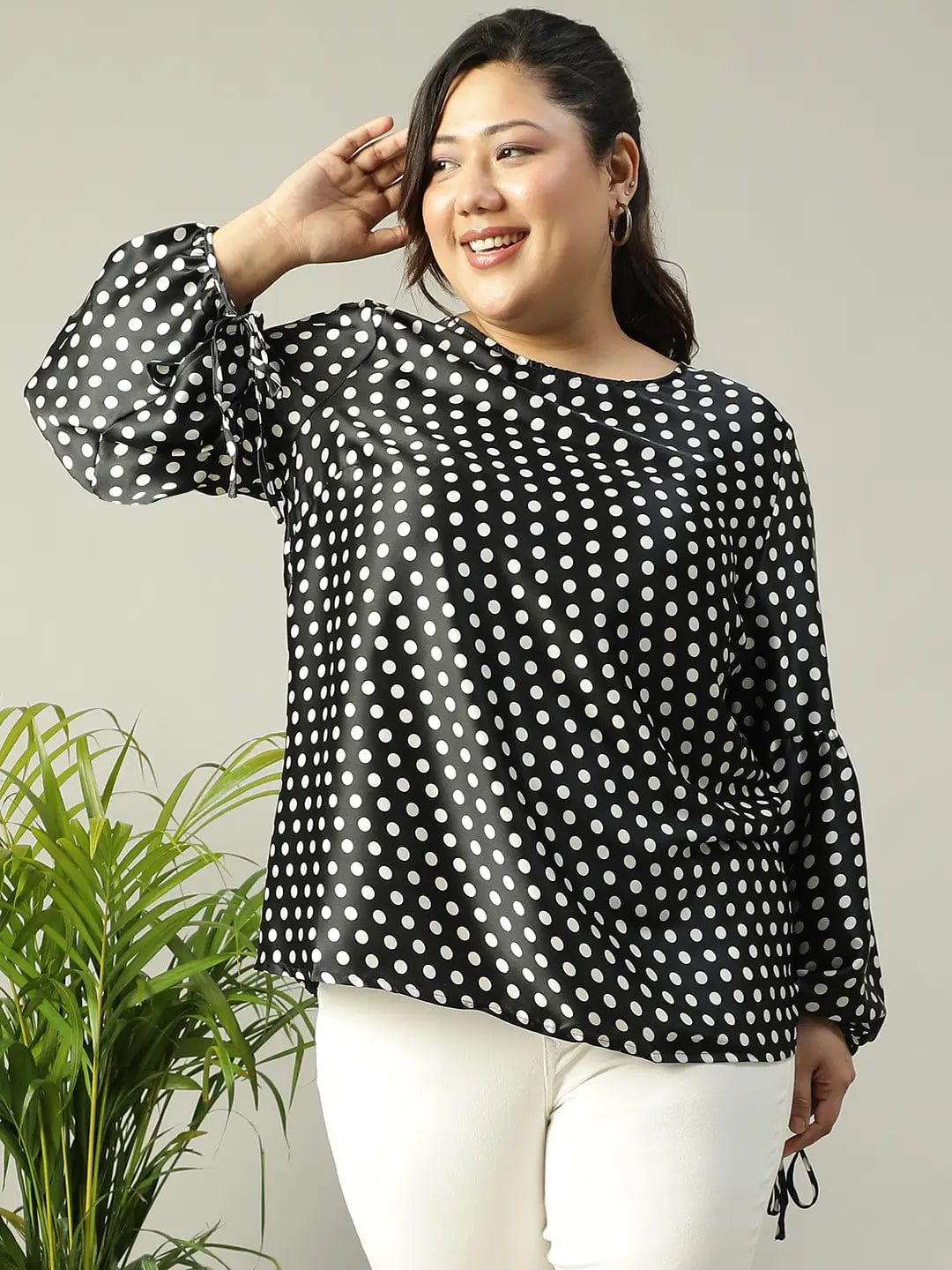 Black Polka Dot satin Print Long Sleeve Plus Size Women Top