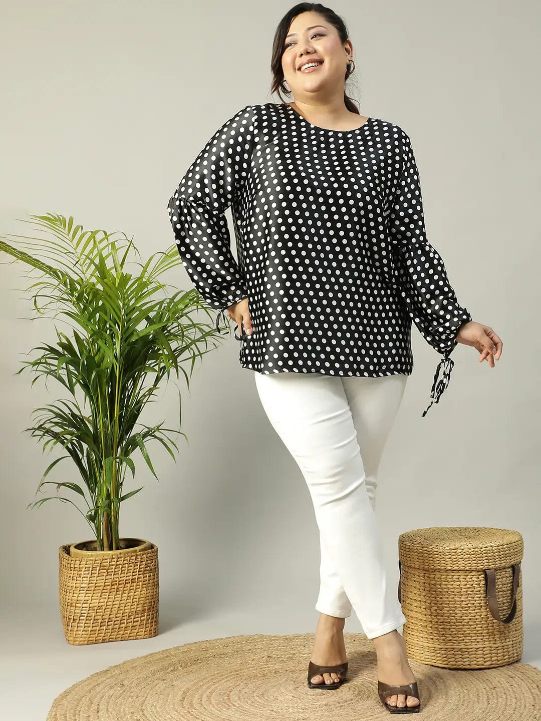 Black Polka Dot satin Print Long Sleeve Plus Size Women Top