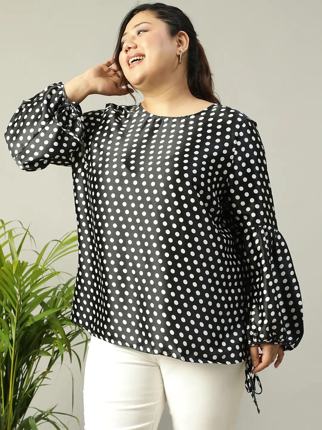 Black Polka Dot satin Print Long Sleeve Plus Size Women Top