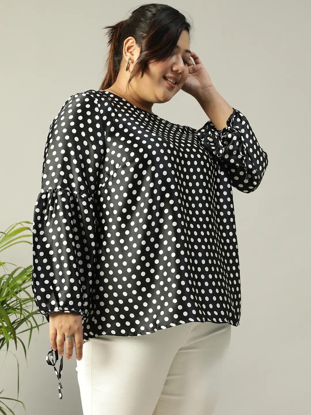 Black Polka Dot satin Print Long Sleeve Plus Size Women Top