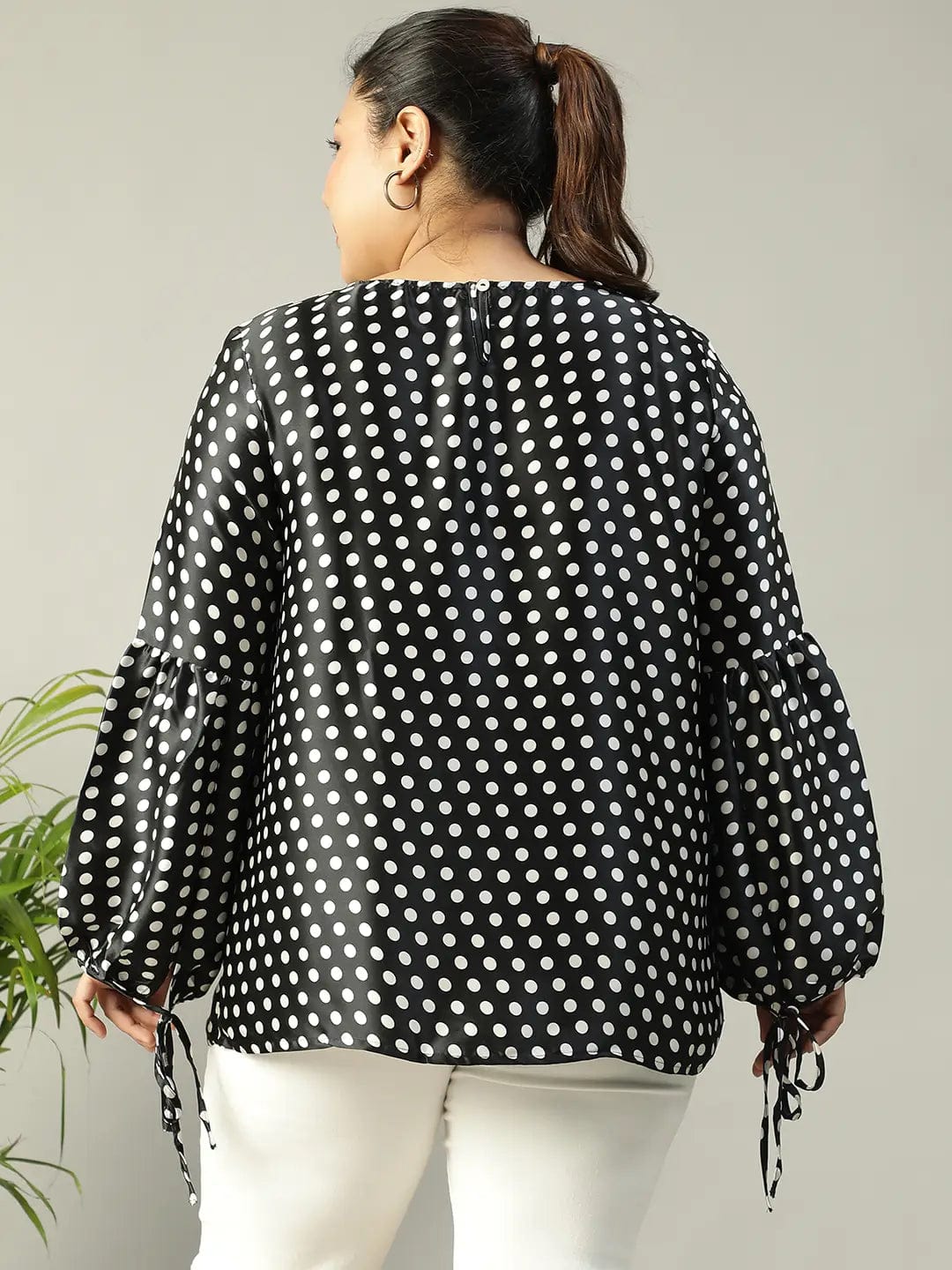 Black Polka Dot satin Print Long Sleeve Plus Size Women Top