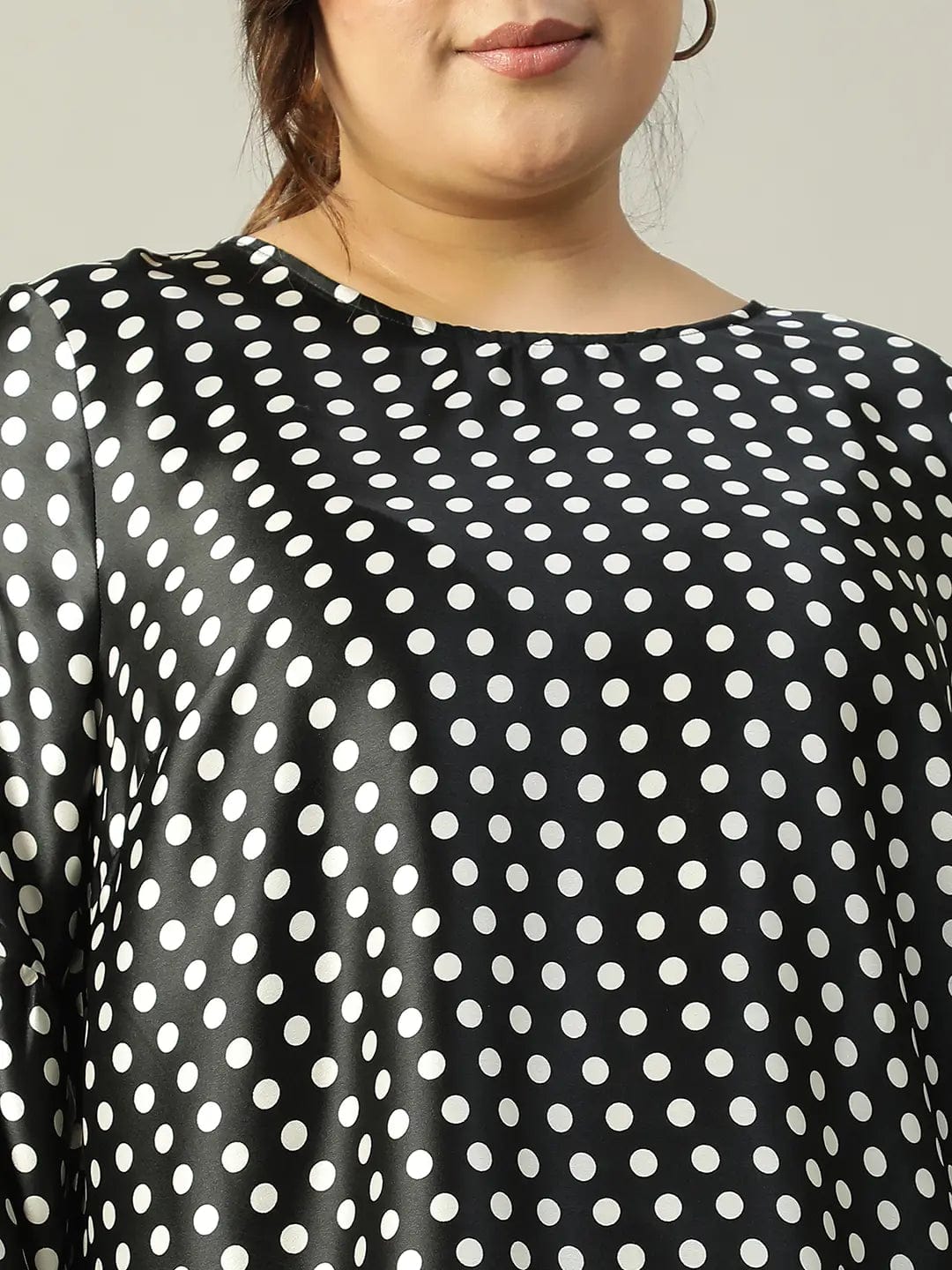 Black Polka Dot satin Print Long Sleeve Plus Size Women Top