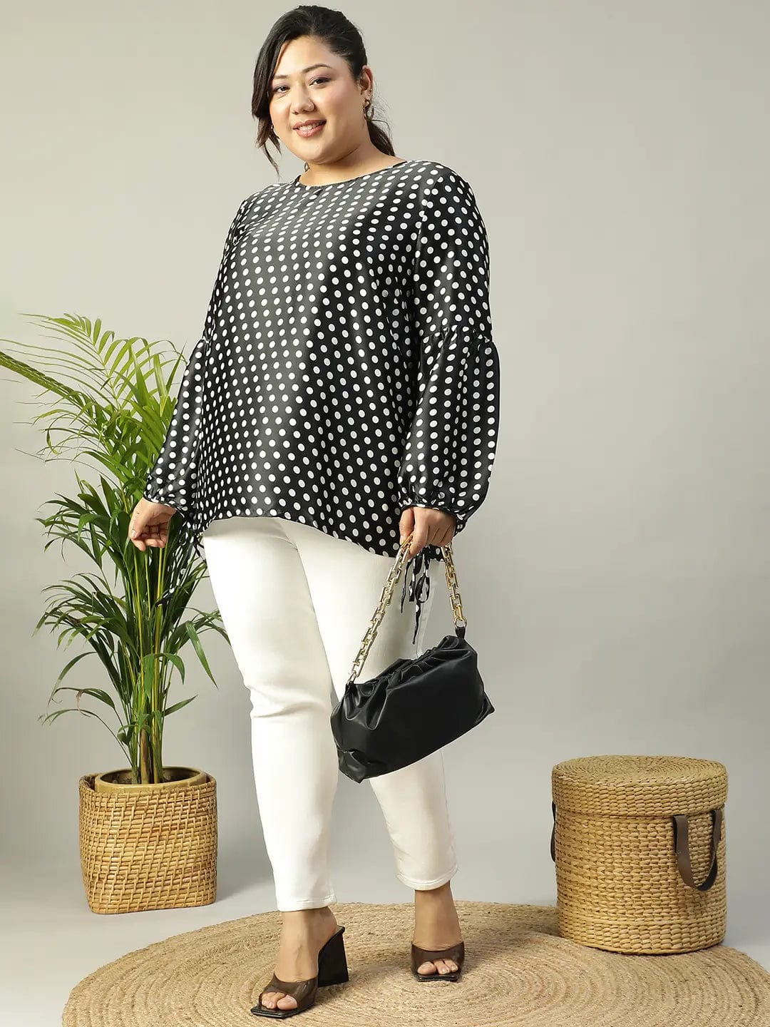 Black Polka Dot satin Print Long Sleeve Plus Size Women Top