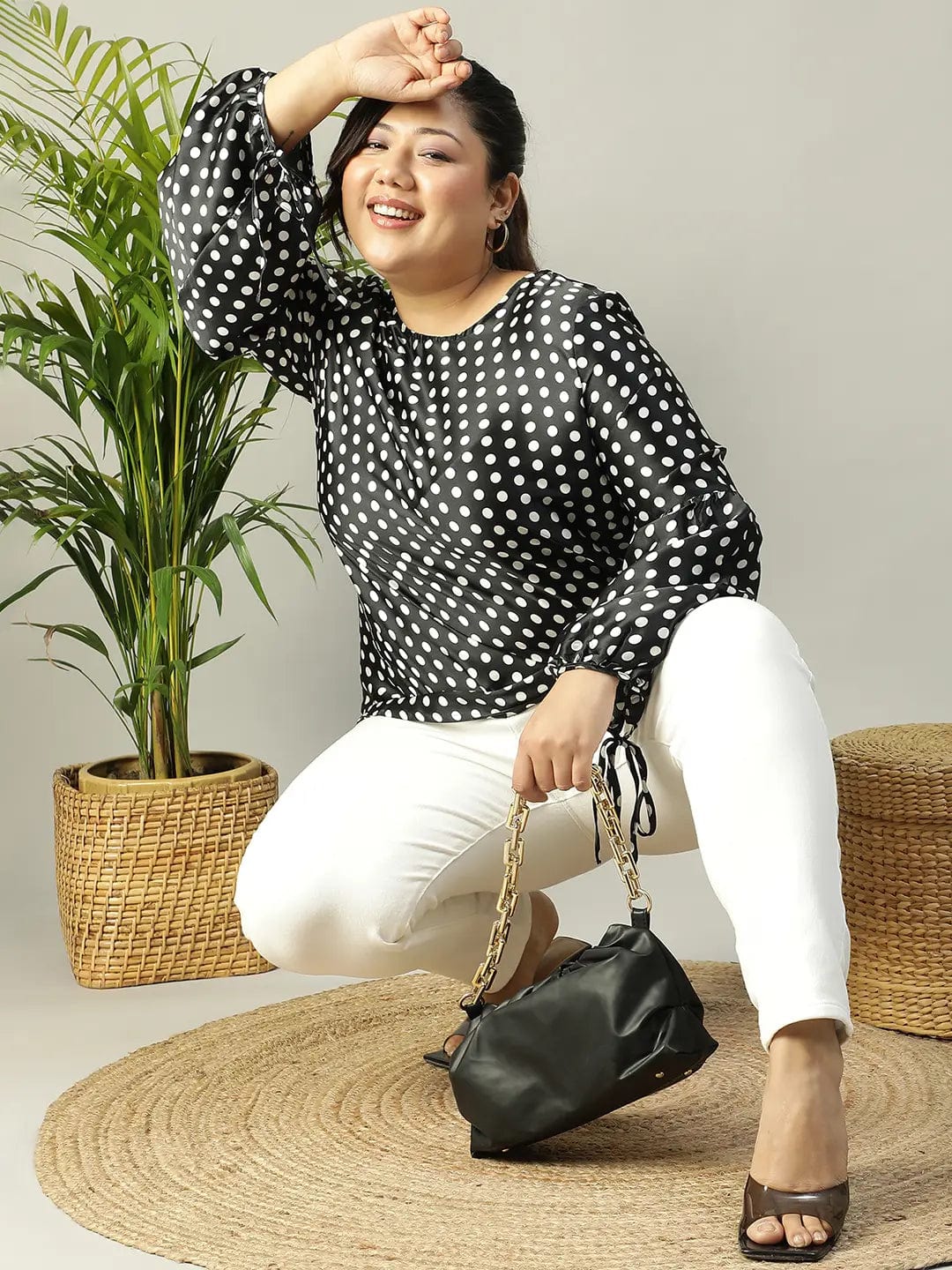 Black Polka Dot satin Print Long Sleeve Plus Size Women Top