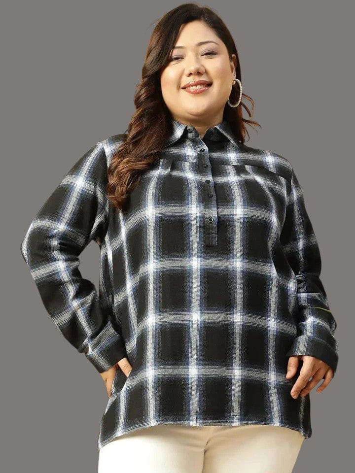 Plus Size Cotton Shirt - Black Check Shirt With Button-Down Collar & Long Sleeves