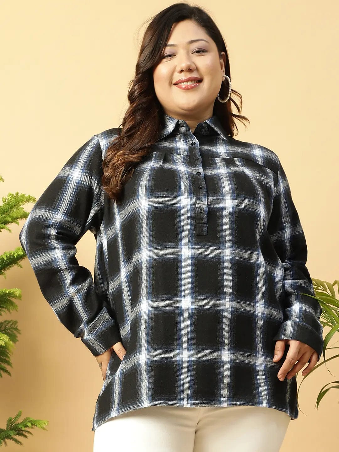 Black Check-Print Collared Button-Down Front Long Sleeves Plus Size Women Cotton Shirt