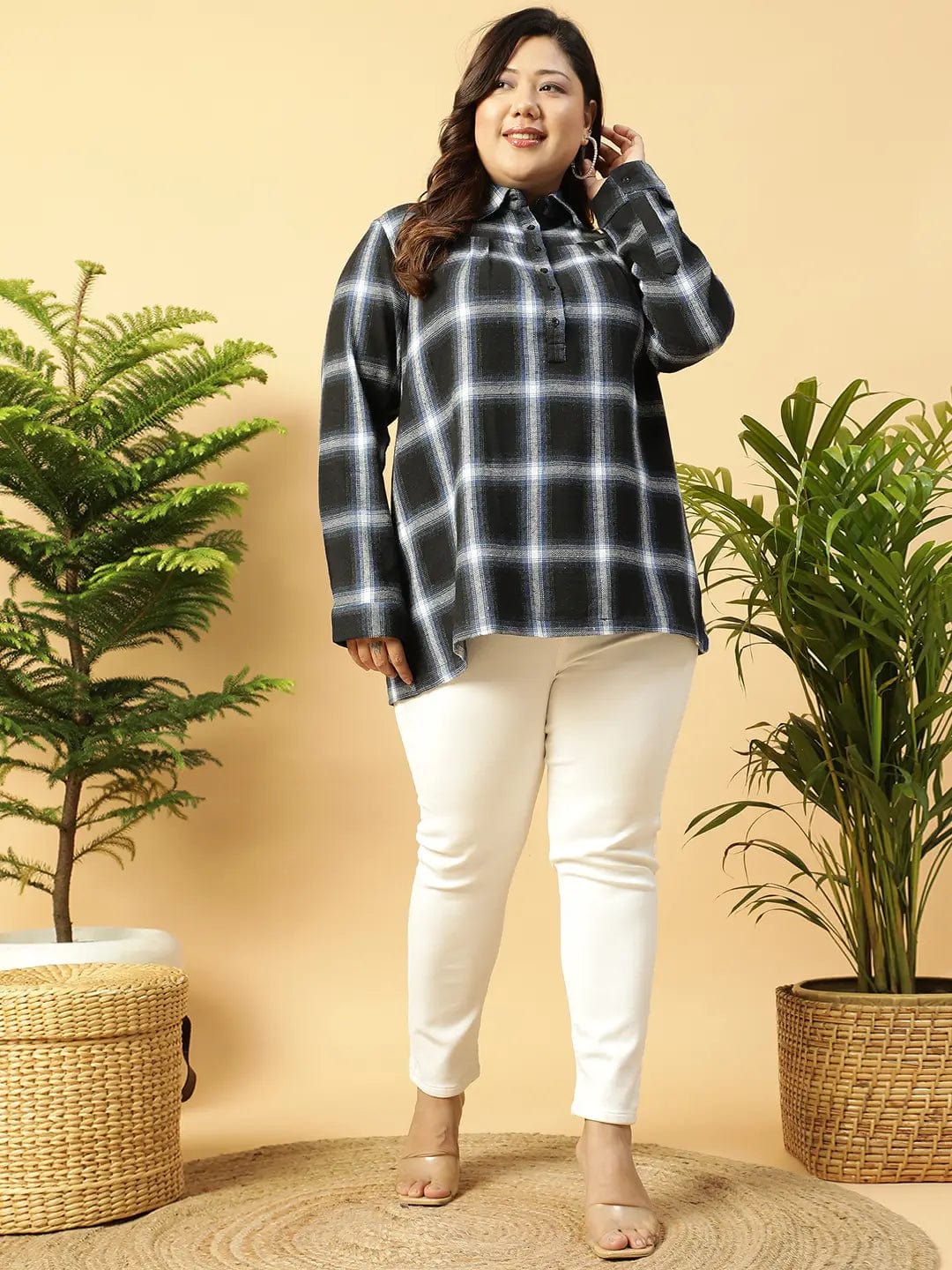 Black Check-Print Collared Button-Down Front Long Sleeves Plus Size Women Cotton Shirt