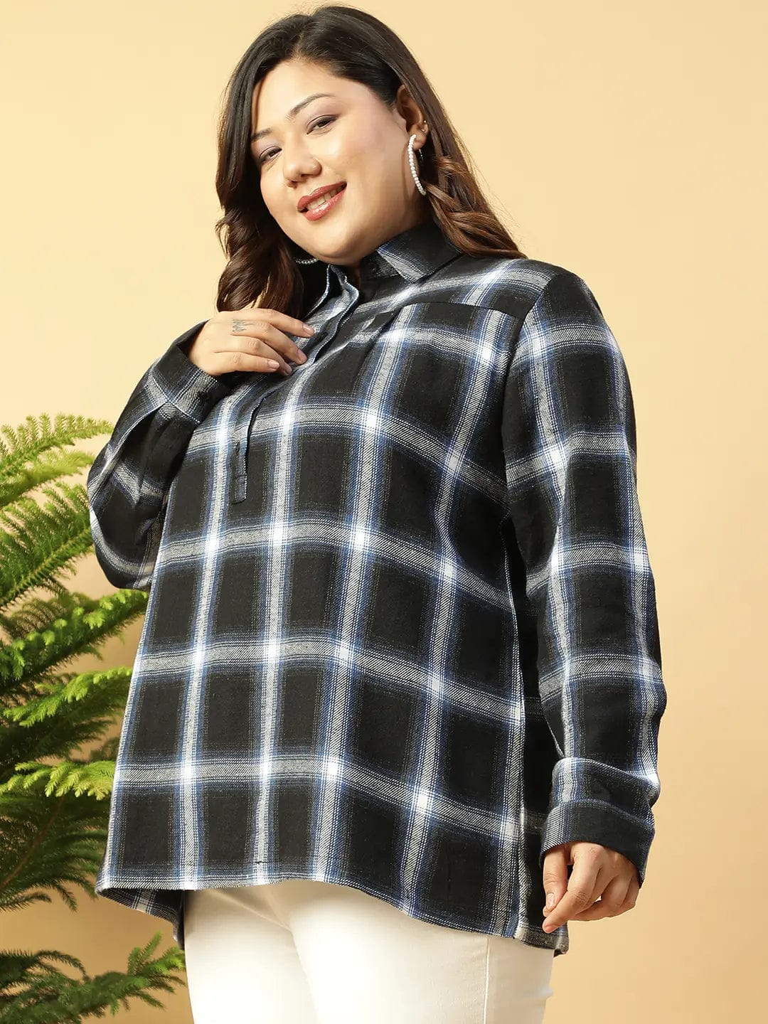 Black Check-Print Collared Button-Down Front Long Sleeves Plus Size Women Cotton Shirt