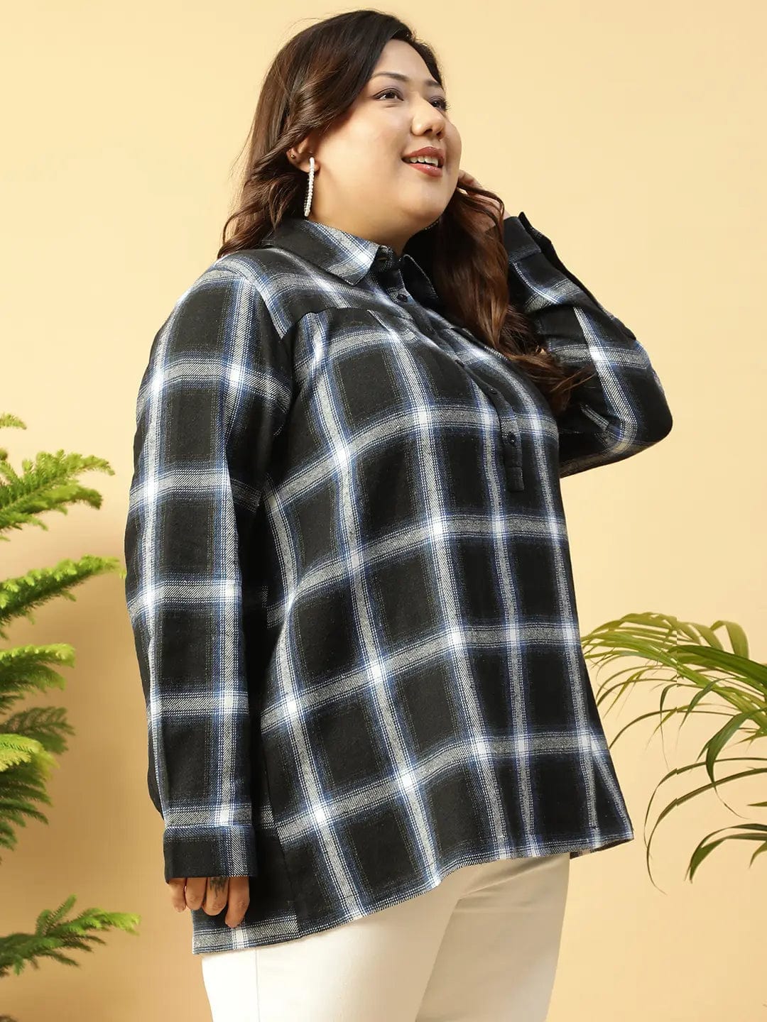 Black Check-Print Collared Button-Down Front Long Sleeves Plus Size Women Cotton Shirt