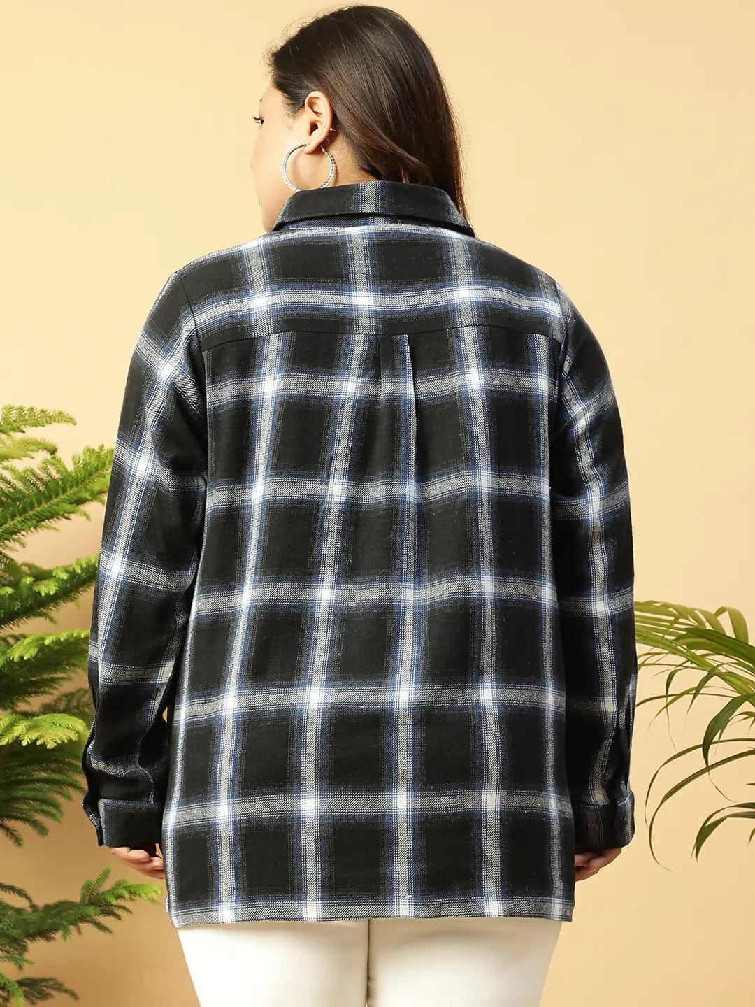 Black Check-Print Collared Button-Down Front Long Sleeves Plus Size Women Cotton Shirt